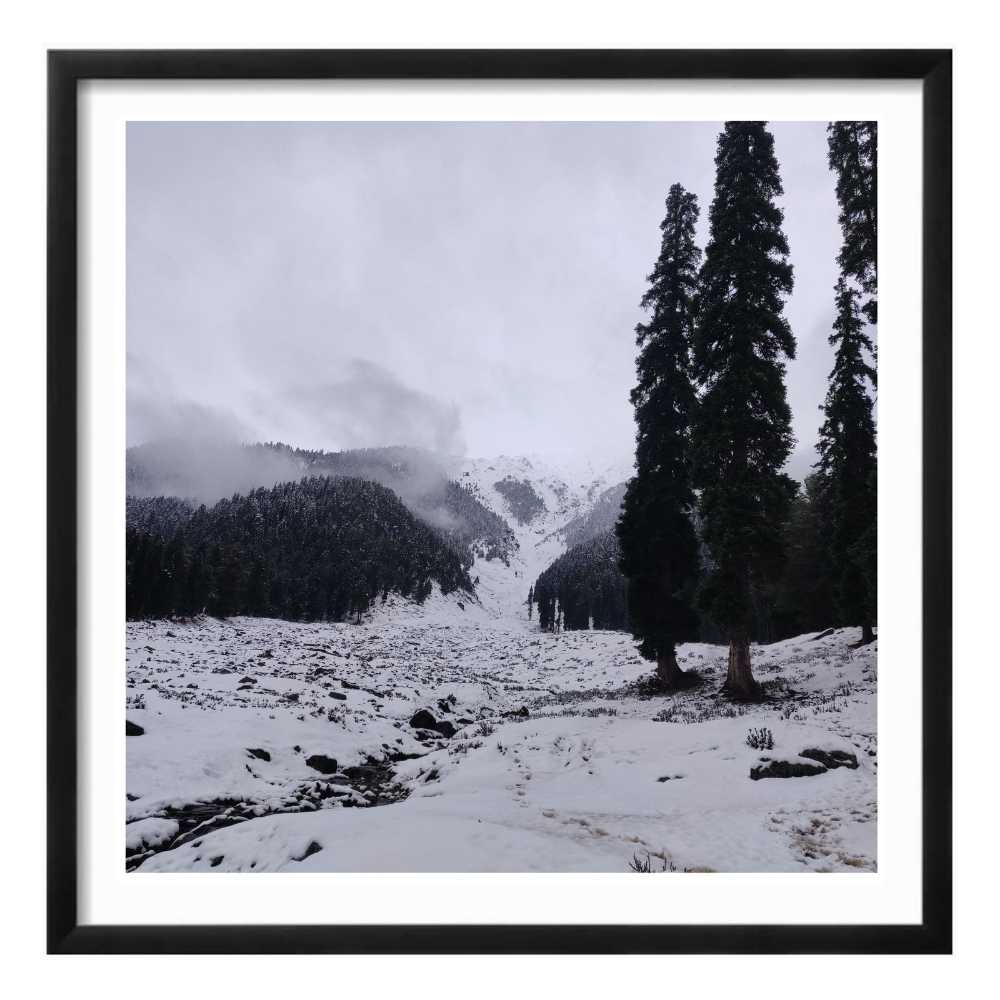 The Snow Charm Kashmir Pahalgam Landscape black framed print by Arts Fiesta