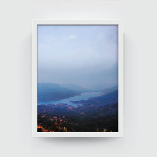 Blue Mist Sahyadri Hills of Mahabaleshwar Landscape white framed print by Arts Fiesta