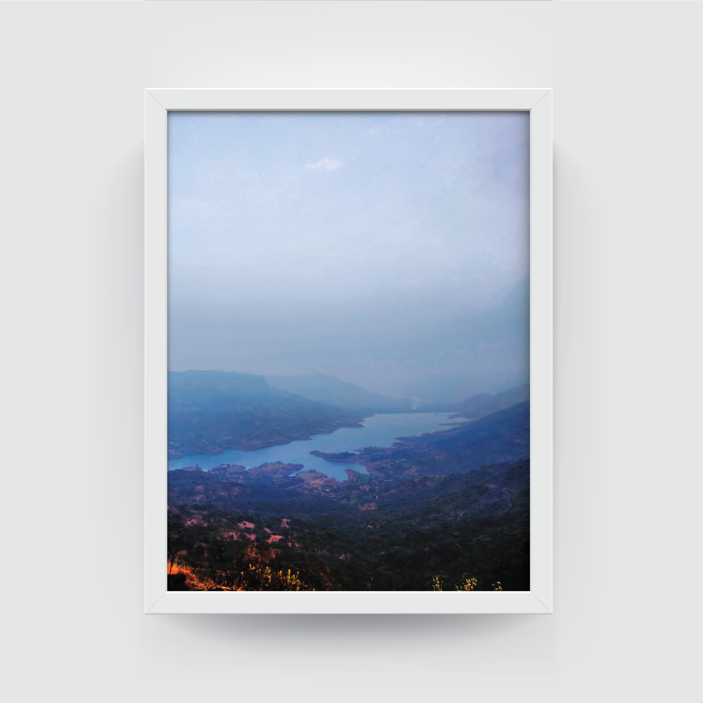 Blue Mist Sahyadri Hills of Mahabaleshwar Landscape white framed print by Arts Fiesta Blue Mist Sahyadri Hills of Mahabaleshwar Landscape white framed print by Arts Fiesta