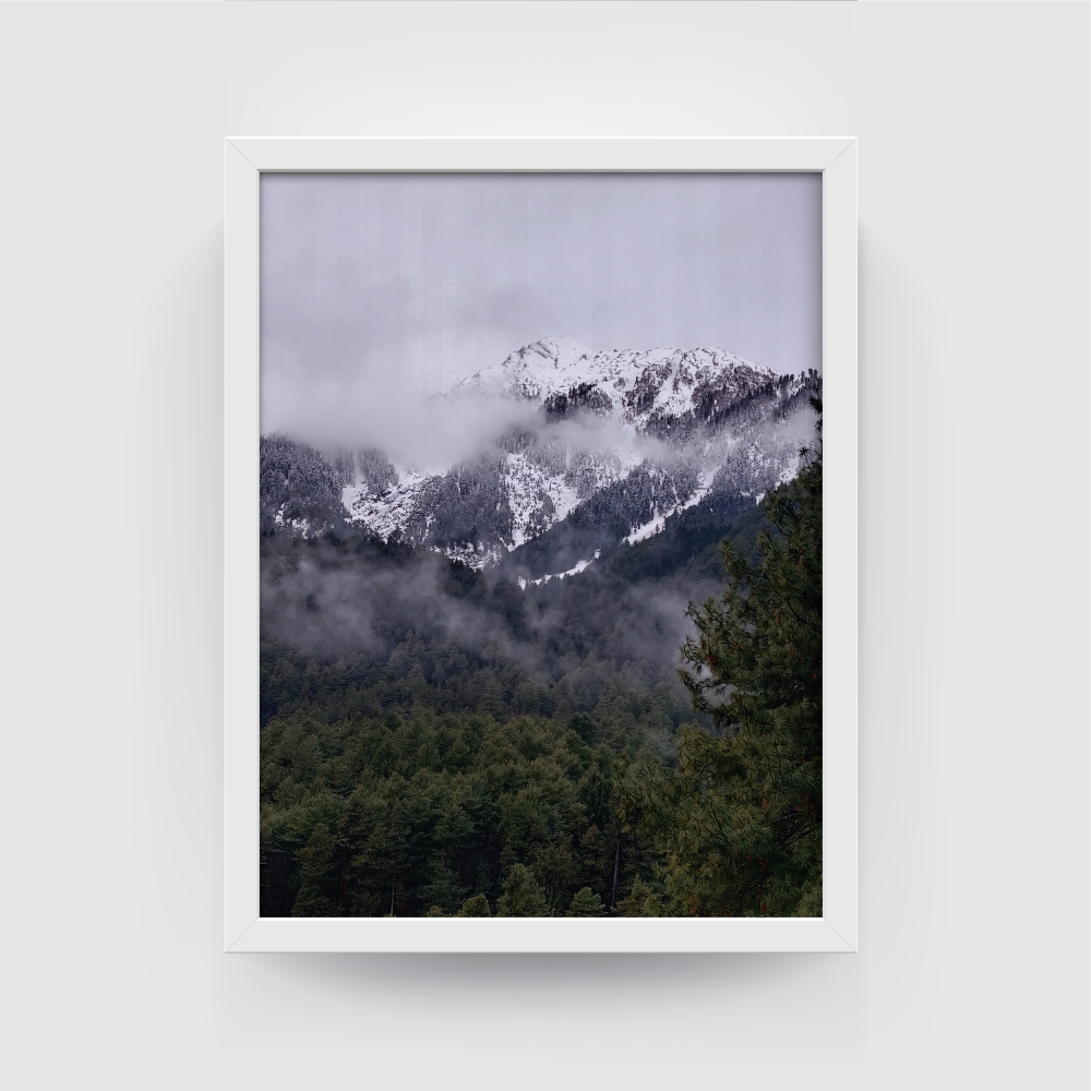 The Snow Charm Kashmir Pahalgam Landscape white framed print by Arts Fiesta