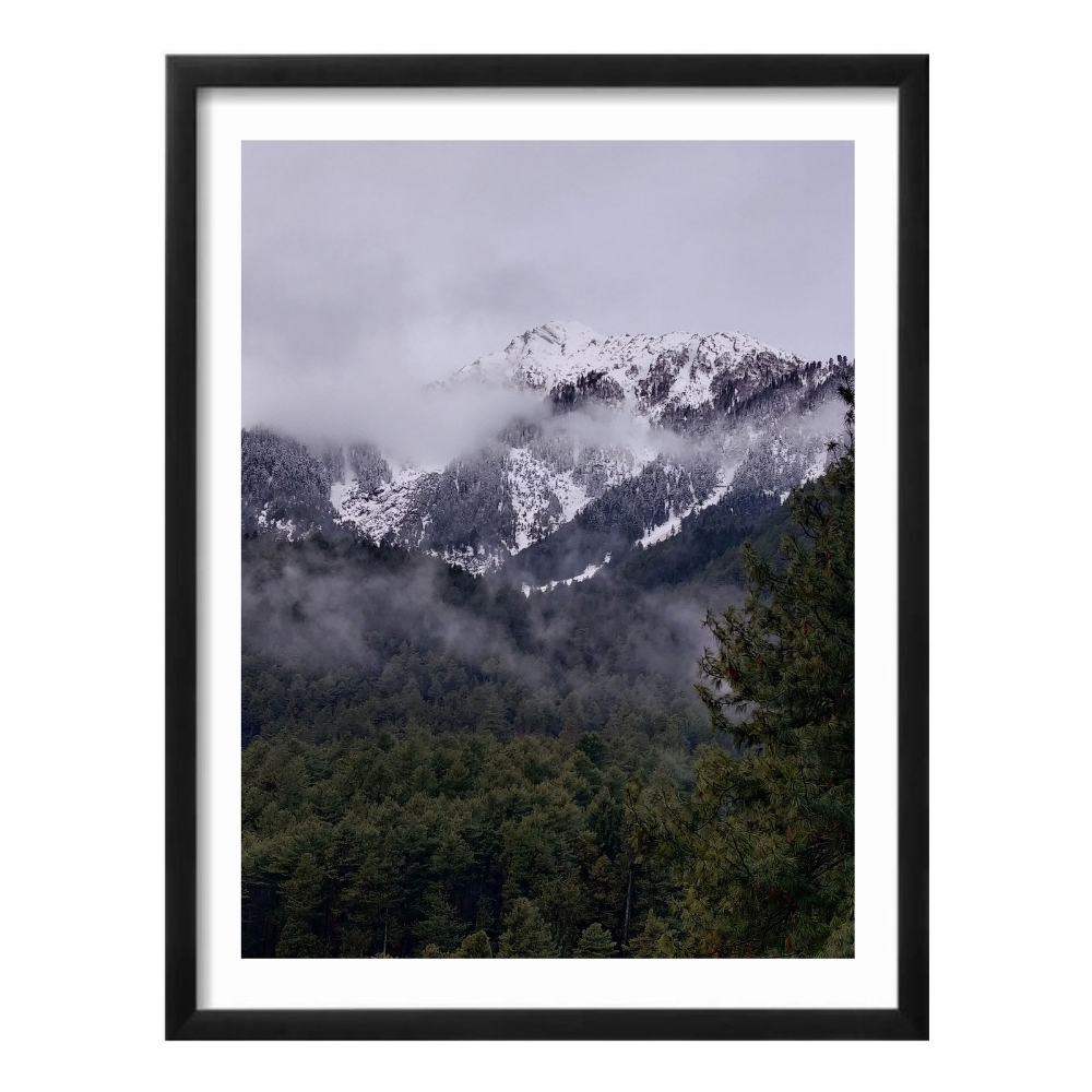 The Snow Charm Kashmir Pahalgam Landscape black framed print by Arts Fiesta