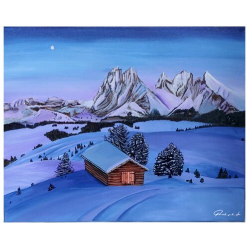 Winter- ful life painting, Immerse yourself in the serene beauty of winter with this captivating original painting of a snowy landscape mountain paintings.