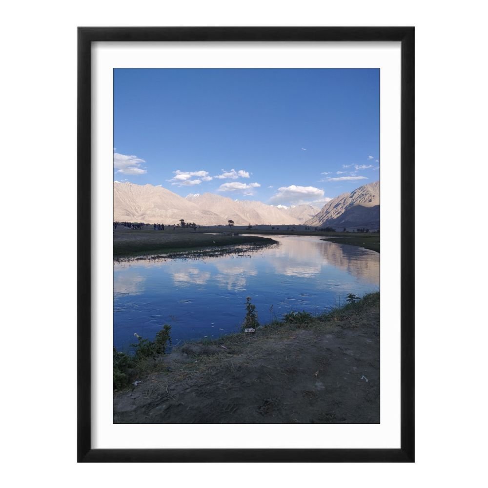 The Sandy River Ladhak Landscape black framed print by Arts Fiesta