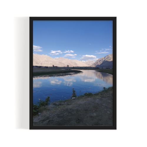 The Sandy River Ladhak Landscape black framed print by Arts Fiesta