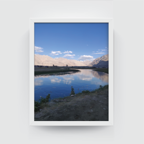 The Sandy River Ladhak Landscape white framed print by Arts Fiesta