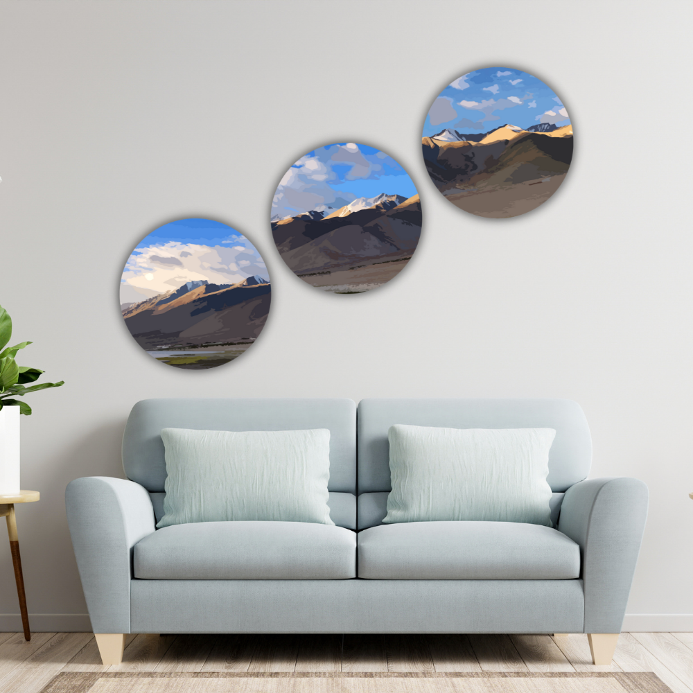 Set of 3 Snow mountains round shape canvas wall print