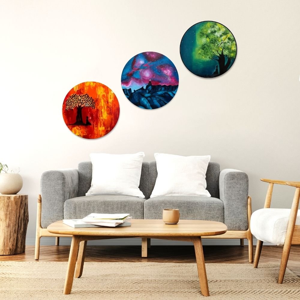 Set of 3 Meditation round painting canvas print