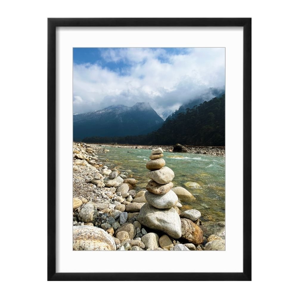 Wishing Stones Sikkim Landscape black framed print by Arts Fiesta