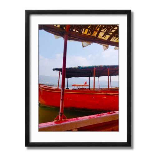 Red Boats Abstract Landscape black framed print by Arts Fiesta