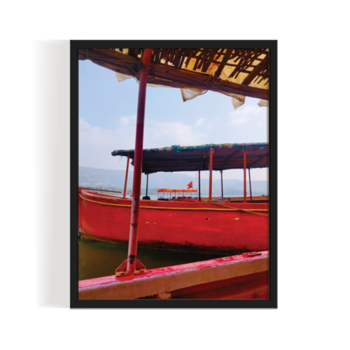 Red Boats Abstract Landscape black framed print by Arts Fiesta