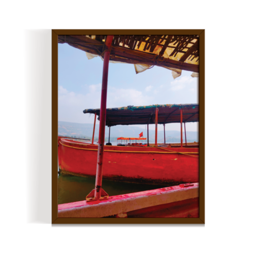 Red Boats Abstract Landscape brown framed print by Arts Fiesta