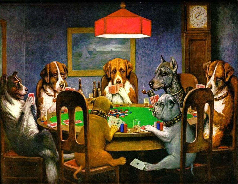A Friend in Need, a 1903 Dogs Playing Poker painting by Cassius Marcellus Coolidge, is a common example of modern kitsch.