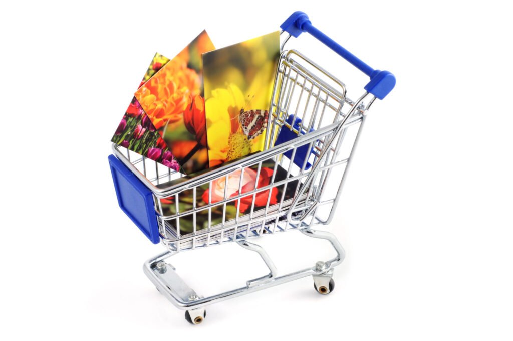 "image business cards in a shopping cart. Useful online shopping images for galleries, print company. business cards showing orange tulips and butterfly on purple flower."
