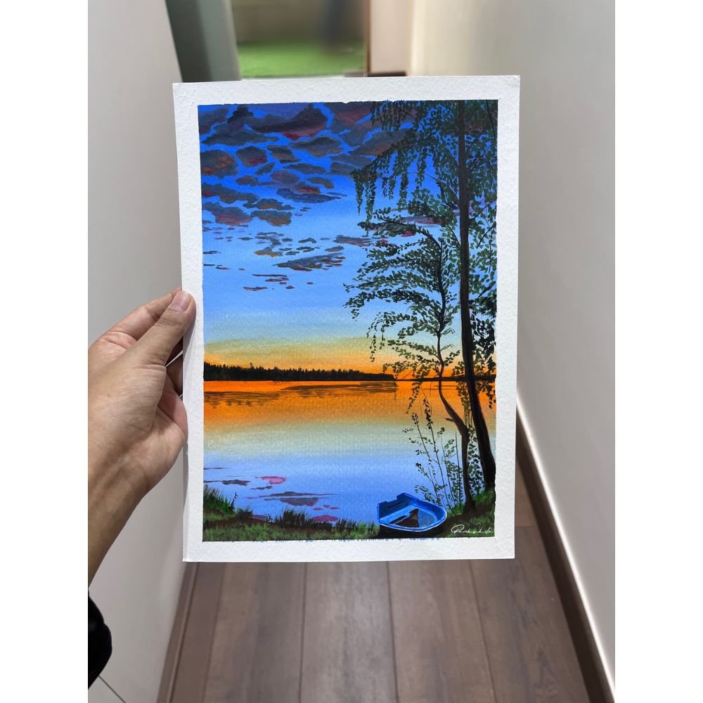 Lake Sunset Painting, Blue Landscape Watercolor Painting, Or