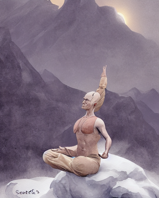0 - A saint doing yoga on top of the snow mountain, AI generated image