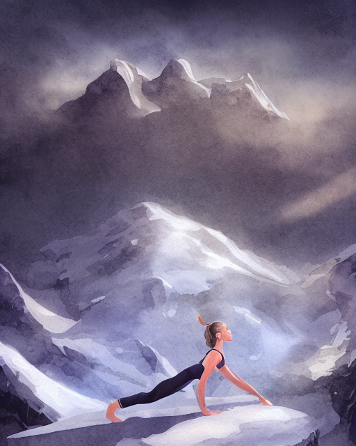 1 - A saint doing yoga on top of the snow mountain, AI generated image