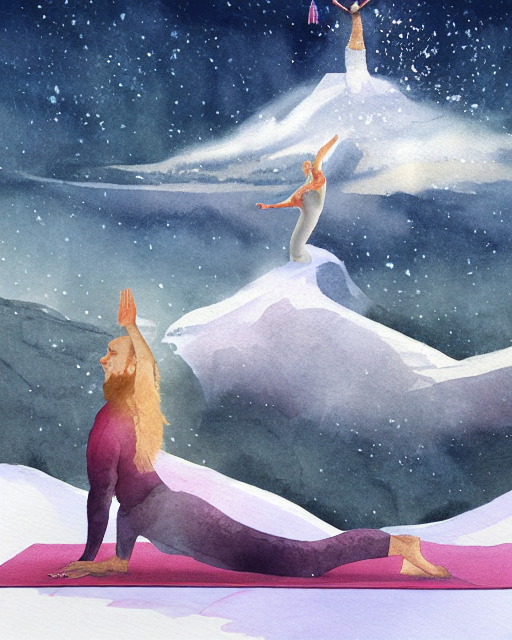 2 - A saint doing yoga on top of the snow mountain, AI generated image