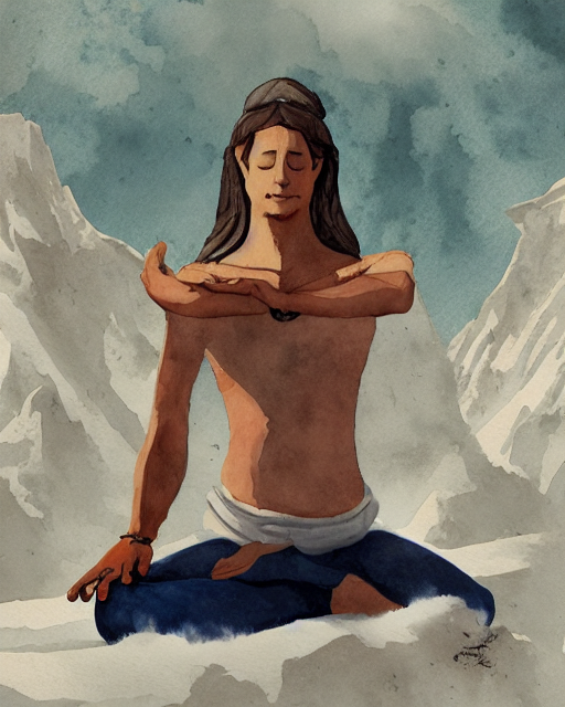 3 - A saint doing yoga on top of the snow mountain, AI generated image