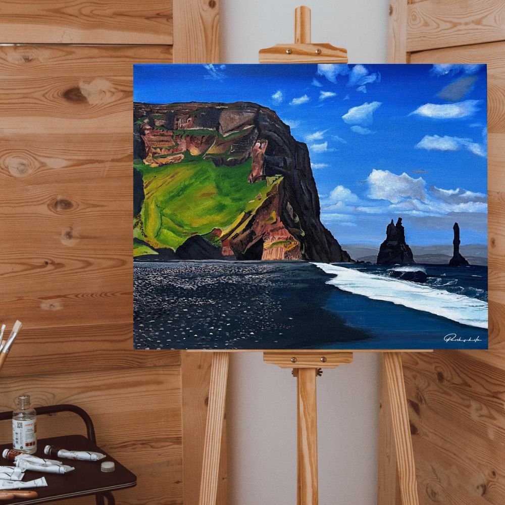 Icelandic sea cliff acrylic canvas painting by Parikshita Jain. It is one of the 10 Best places that inspire to make Landscape Paintings.