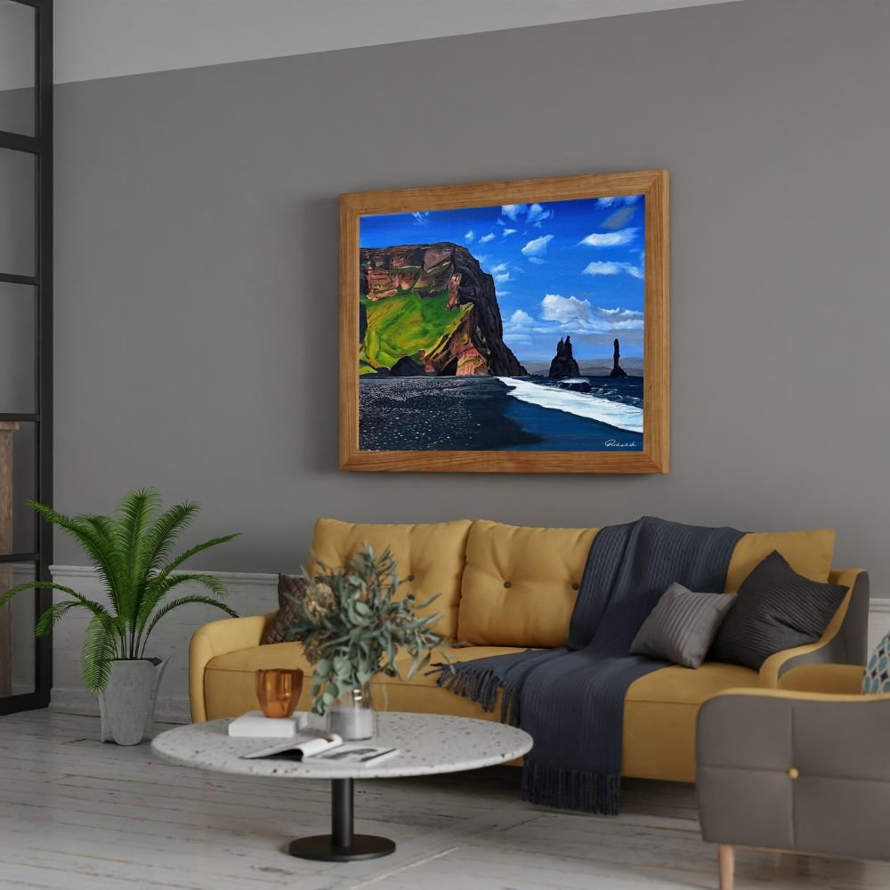 Icelandic sea cliff acrylic canvas painting by Parikshita Jain- interior look 2
