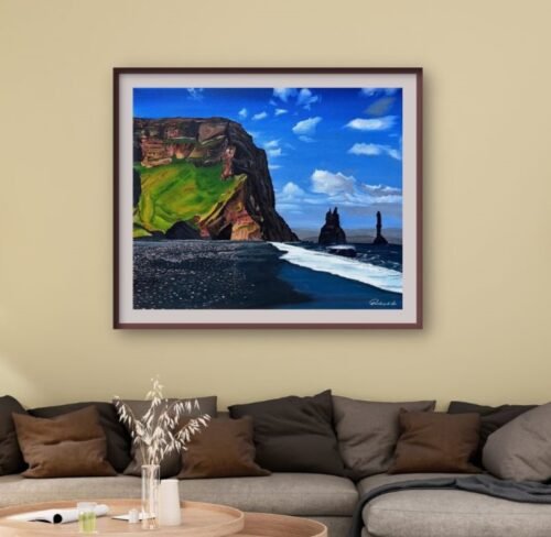 Icelandic sea cliff acrylic canvas painting by Parikshita Jain- interior look 1