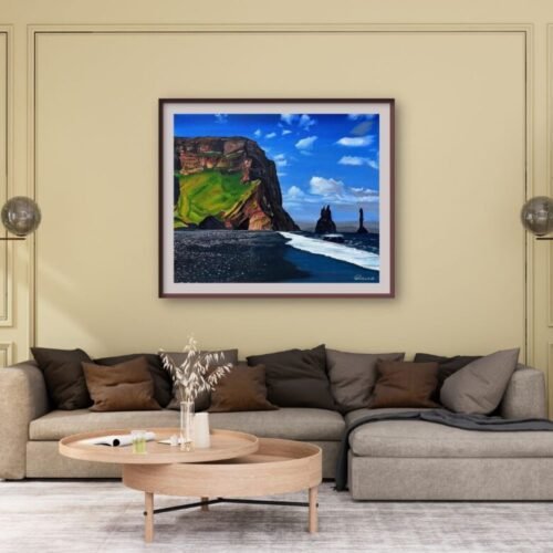 Icelandic sea cliff acrylic canvas painting by Parikshita Jain- interior look 1