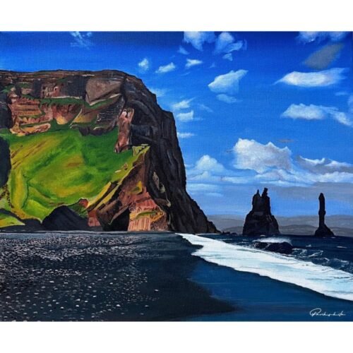 This stunning painting captures the beauty of a black beach with towering cliffs and serene waters. Shop now for Icelandic sea cliff prints and discover the perfect piece to enrich your home or office space.