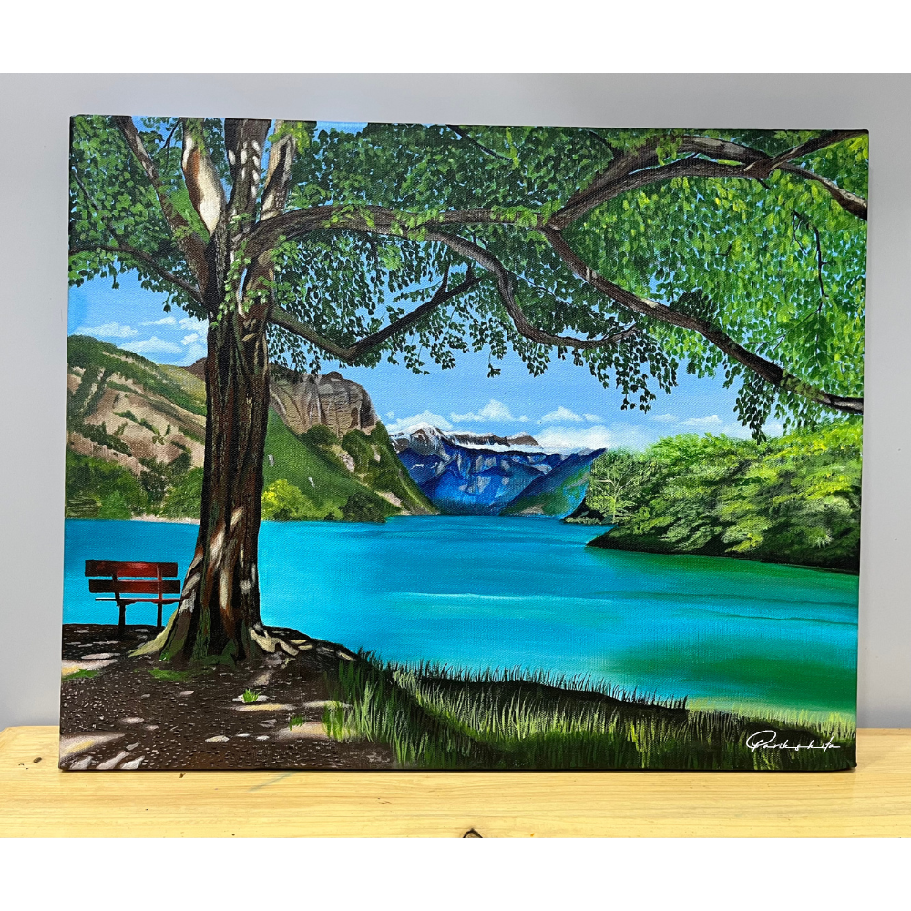 The Lakeside summer acrylic canvas painting by Parikshita Jain. The Canada summer beauty inspiration