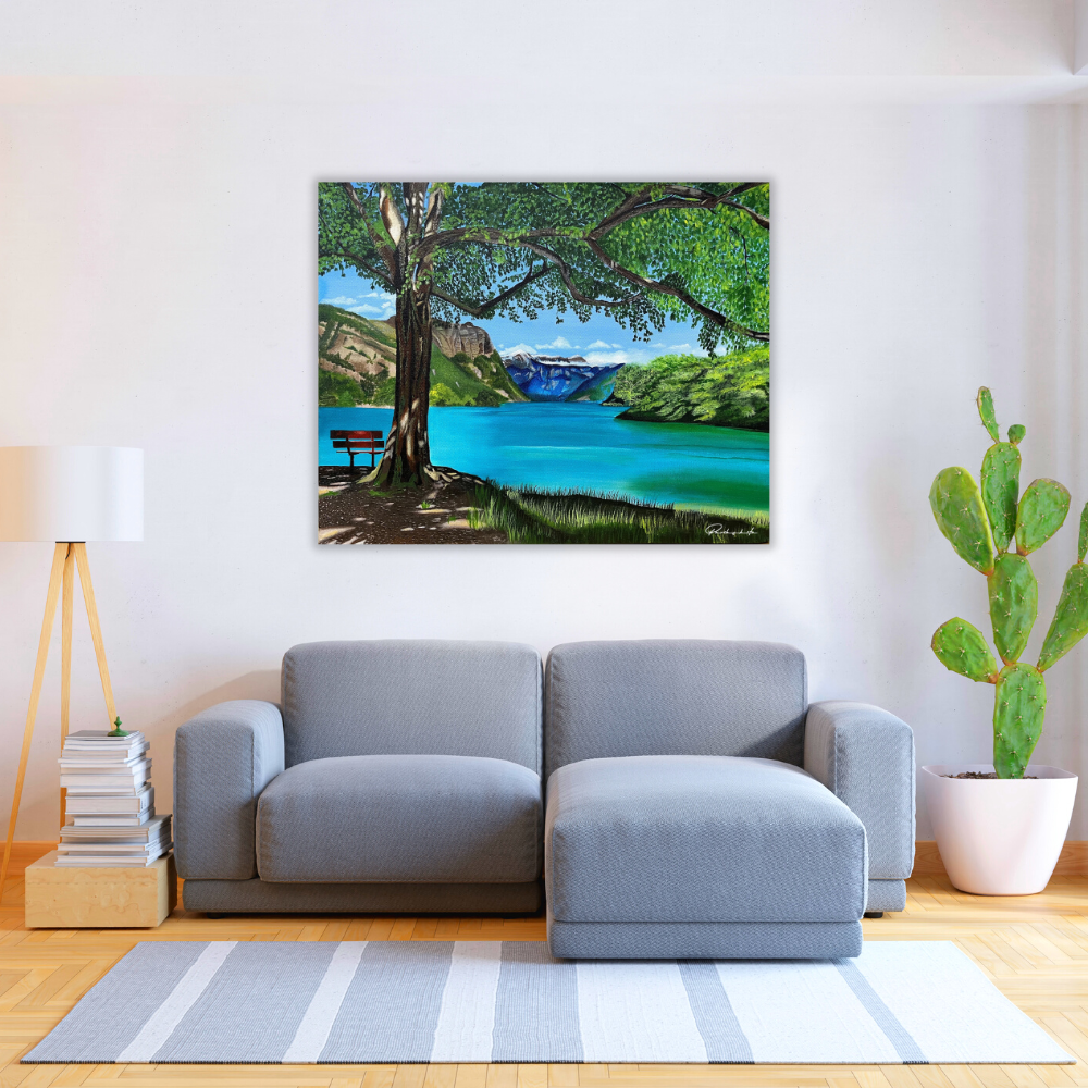 The Lakeside summer acrylic canvas painting by Parikshita Jain. The Canada summer beauty inspiration. The interior look setup