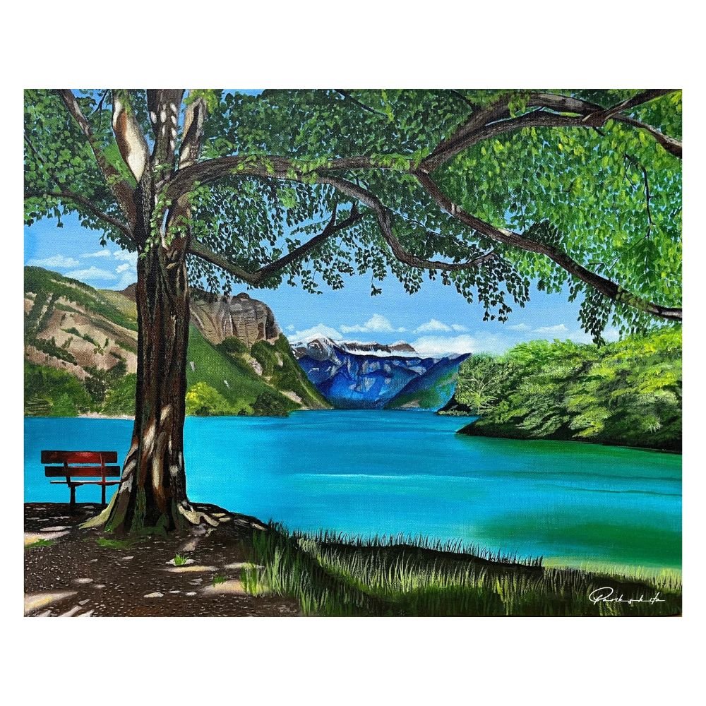 The lush greenery, mountain view, and peaceful sunset paintings . Perfect for nature lovers seeking a touch of serenity in their wall space. Shop now for Iakeside summer prints and discover the perfect art for your living room