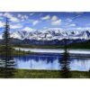 This stunning painting captures the summer beauty of a lake and mountains, Elevate your home with original paintings for your living room with Alaska Wilderness Prints.