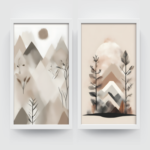 Boho Landscape, frame set Boho art, abstract painting white framed print, for wall decor - Arts Fiesta Online Art Gallery