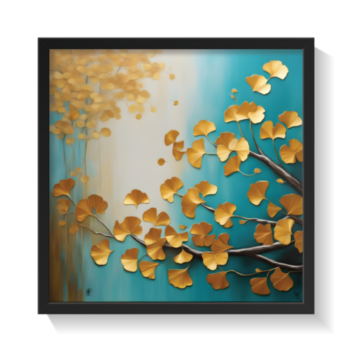 Golden Leaves 2, abstract canvas painting, black framed painting for wall decor - arts fiesta online art gallery
