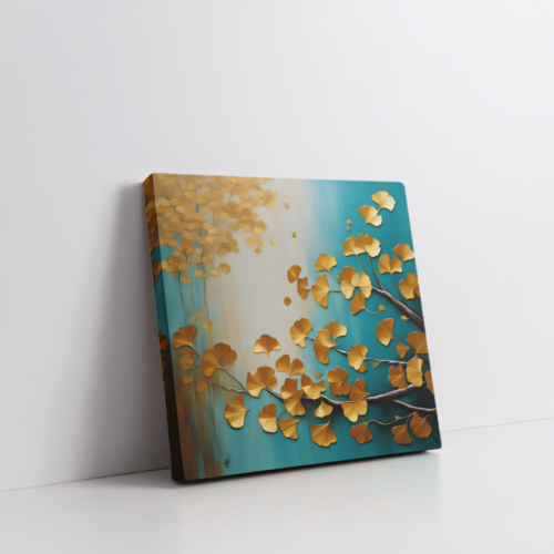 Golden Leaves 2 modern abstract painting stretched canvas gallery wrapped canvas, for wall decor - Arts Fiesta Online Art Gallery