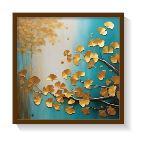 Golden Leaves 2, abstract canvas painting, brown framed painting for wall decor - arts fiesta online art gallery