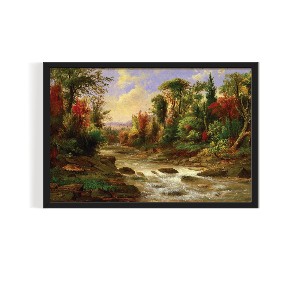 Riverside Oil Painting, Vintage Landscape, black framed print, for wall decor - Arts Fiesta Online Art Gallery