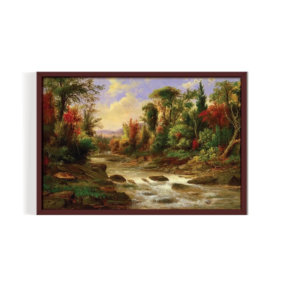 Riverside Oil Painting, Vintage Landscape, brown framed print, for wall decor - Arts Fiesta Online Art Gallery