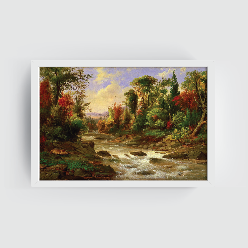 Riverside Oil Painting, Vintage Landscape, white framed print, for wall decor - Arts Fiesta Online Art Gallery