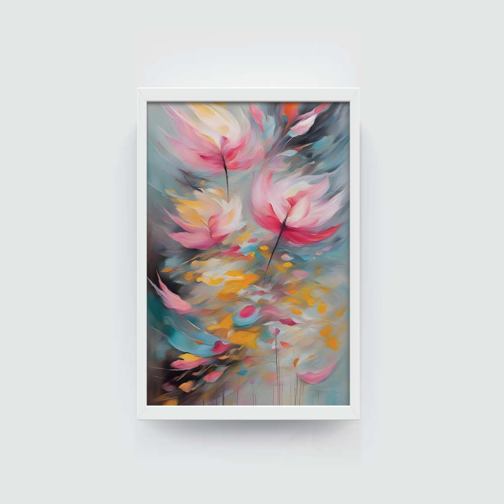 Abstract Flowers abstract painting white framed print, for wall decor - Arts Fiesta Online Art Gallery