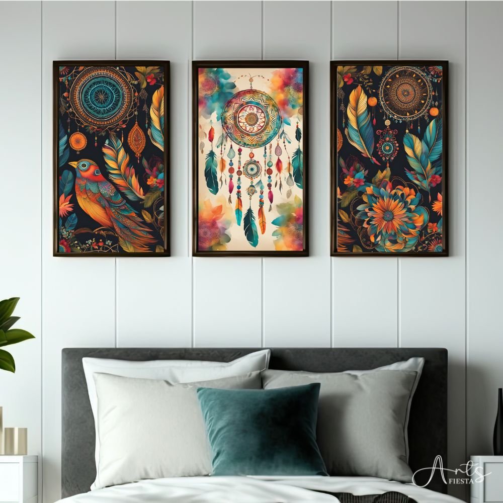 DreamCatcher Boho Style, Wall Art, set of 3 panels, boho art print for wall decor- Arts Fiesta