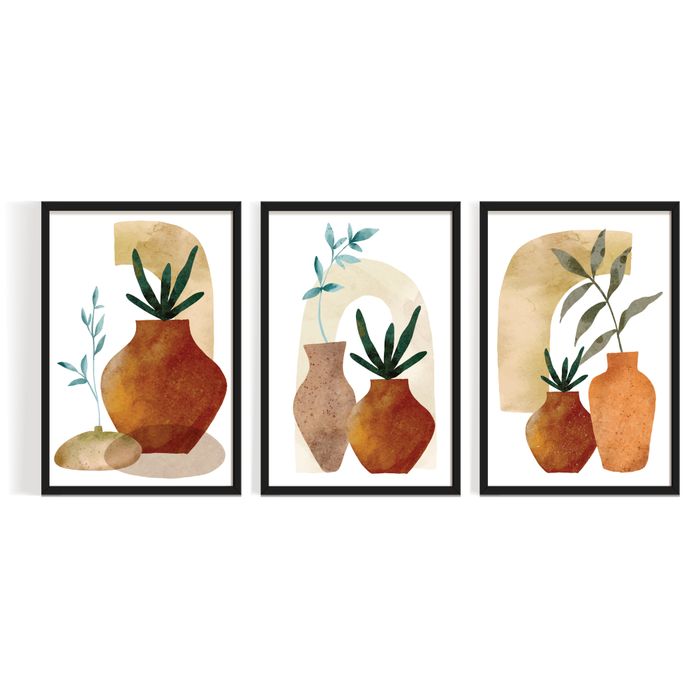 Boho leaves pot design black frame-01 Boho Leaves pot design, frame set Boho art, abstract painting black framed print, for wall decor - Arts Fiesta Online Art Gallery