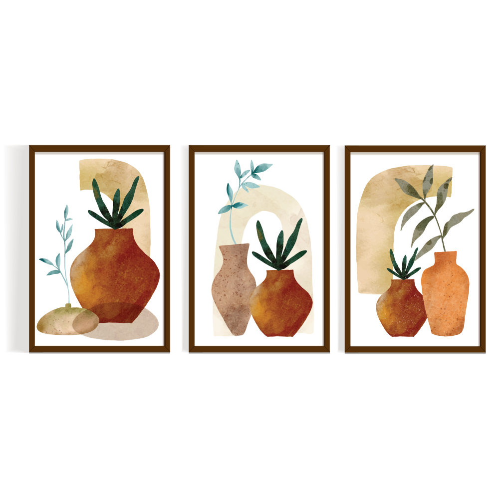 Boho leaves pot design brown frame-01 Boho Leaves pot design, frame set Boho art, abstract painting brown framed print, for wall decor - Arts Fiesta Online Art Gallery