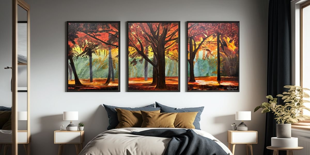 Autumn Love - set of 3 panel painting by Parikshita Jain, Original paintings - Arts Fiesta