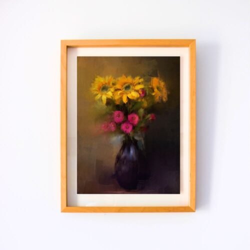Yellow Flower pot oil painting - vintage oil paintings, framed paintings