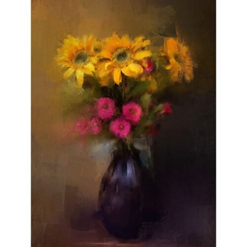 Yellow Flower pot oil painting - vintage oil paintings