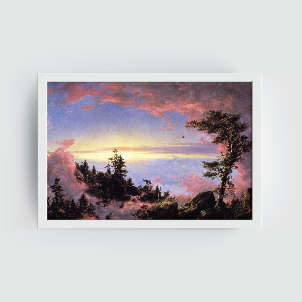 Above the Clouds at Sunrise, Vintage Landscape, white framed print, for wall decor - Arts Fiesta Online Art Gallery