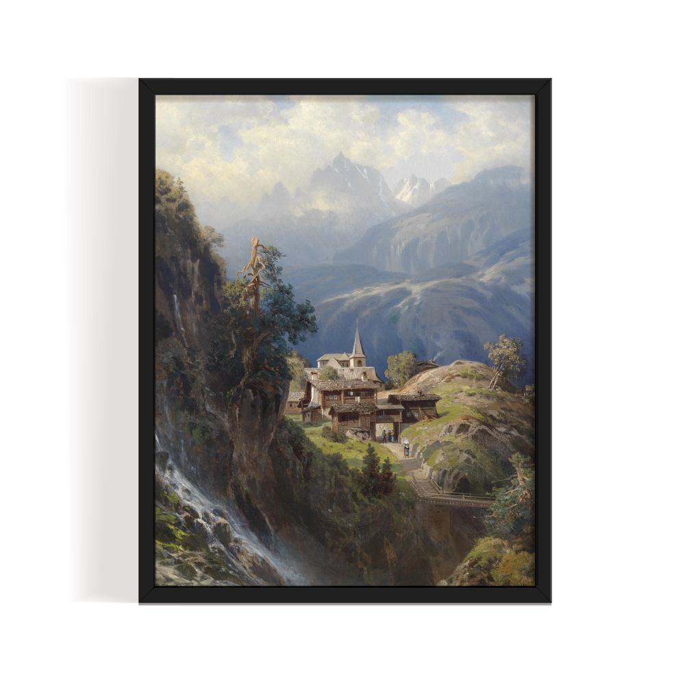 Village in Bernese Alps, Vintage Landscape, black framed print, for wall decor - Arts Fiesta Online Art Gallery