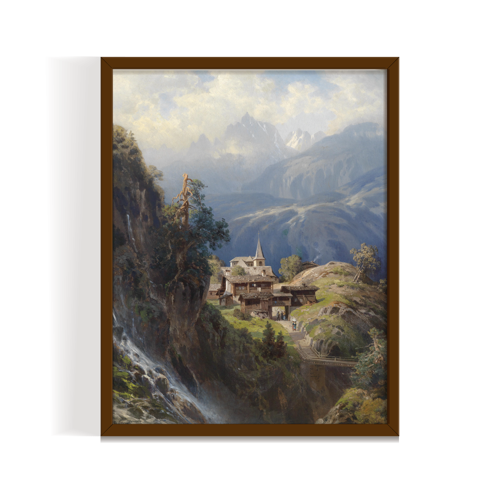 Village in Bernese Alps, Vintage Landscape, brown framed print, for wall decor - Arts Fiesta Online Art Gallery