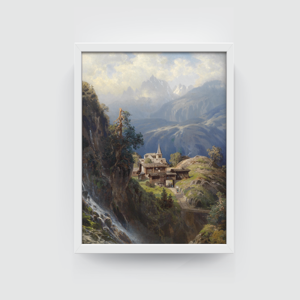 Village in Bernese Alps, Vintage Landscape, white framed print, for wall decor - Arts Fiesta Online Art Gallery