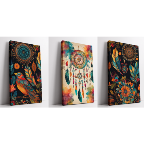 Dream Catcher, Boho Style frame set Boho art, abstract painting stretched canvas framed print, for wall decor - Arts Fiesta Online Art Gallery